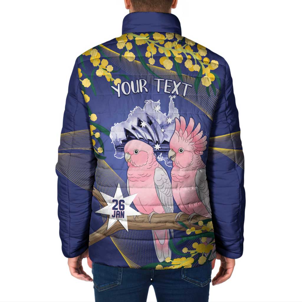 Personalised Pink Galah Australia Day Padded Jacket 26th January Golden Wattle Flag Color - Aussie Hoodie