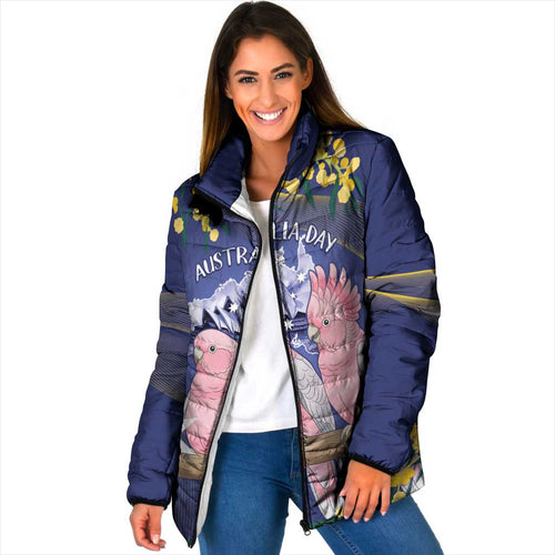 Personalised Pink Galah Australia Day Padded Jacket 26th January Golden Wattle Flag Color - Aussie Hoodie