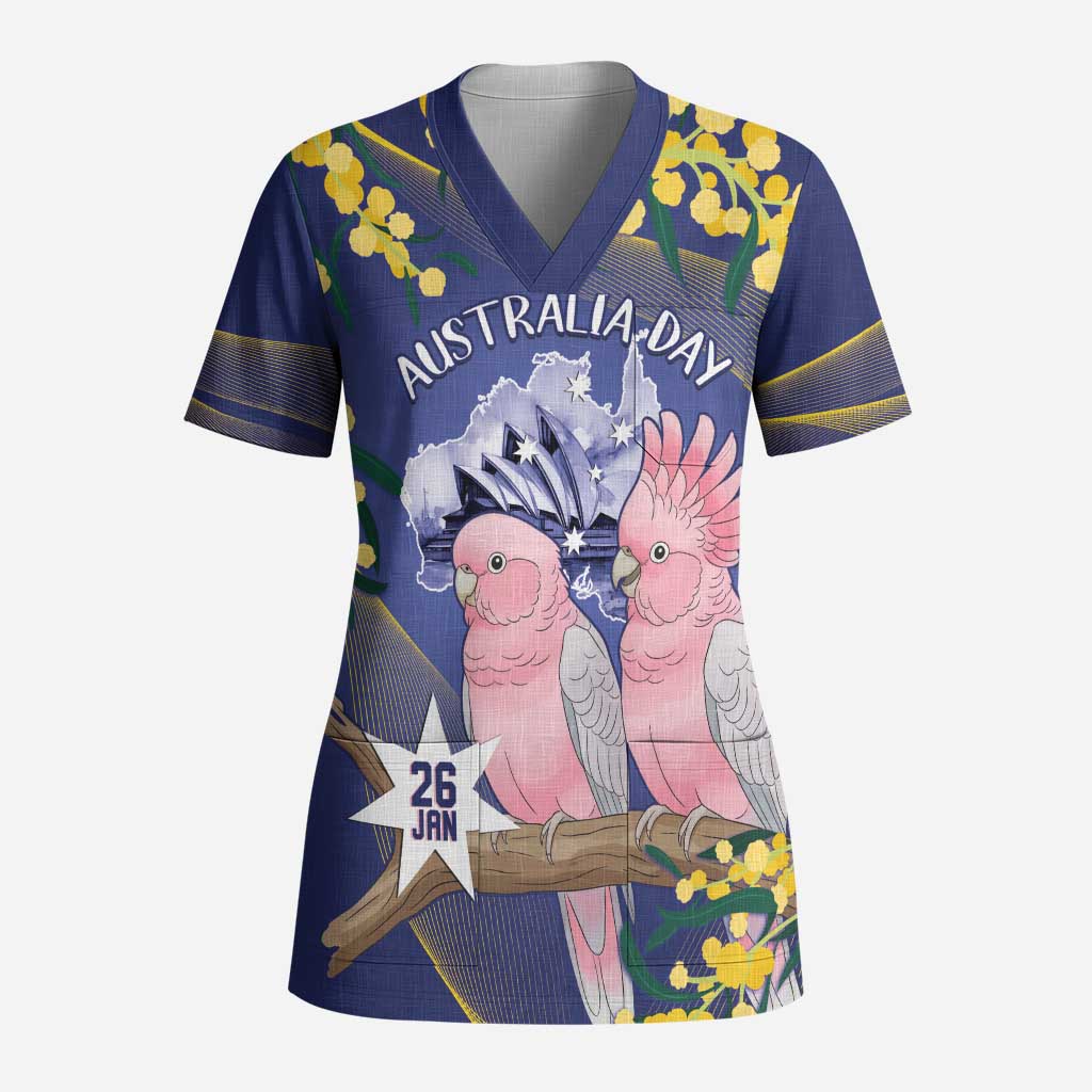 Personalised Pink Galah Australia Day Scrub Top 26th January Golden Wattle Flag Color - Aussie Hoodie