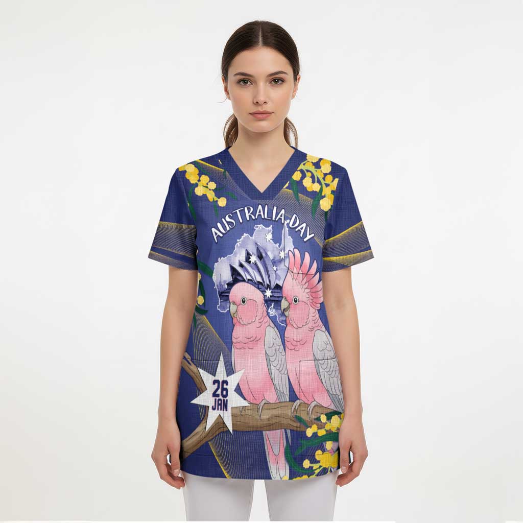 Personalised Pink Galah Australia Day Scrub Top 26th January Golden Wattle Flag Color - Aussie Hoodie