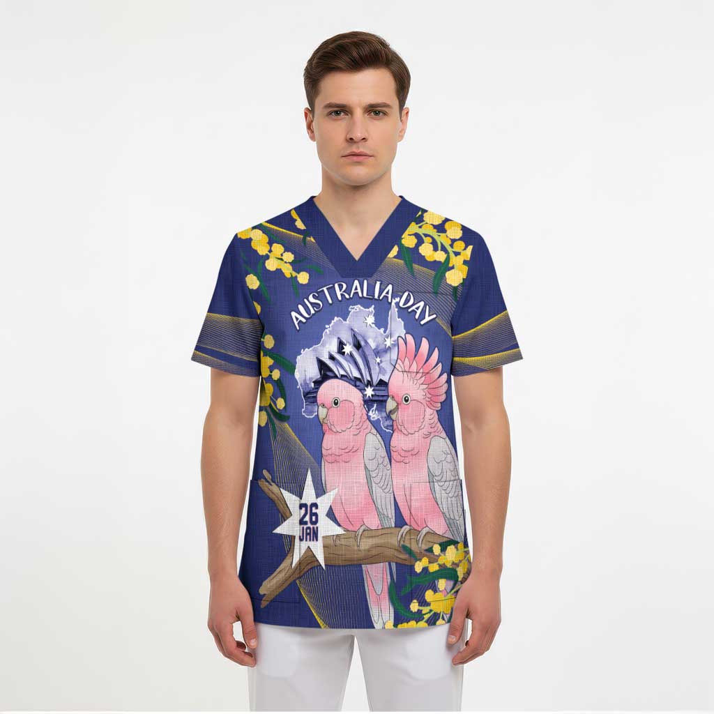 Personalised Pink Galah Australia Day Scrub Top 26th January Golden Wattle Flag Color - Aussie Hoodie
