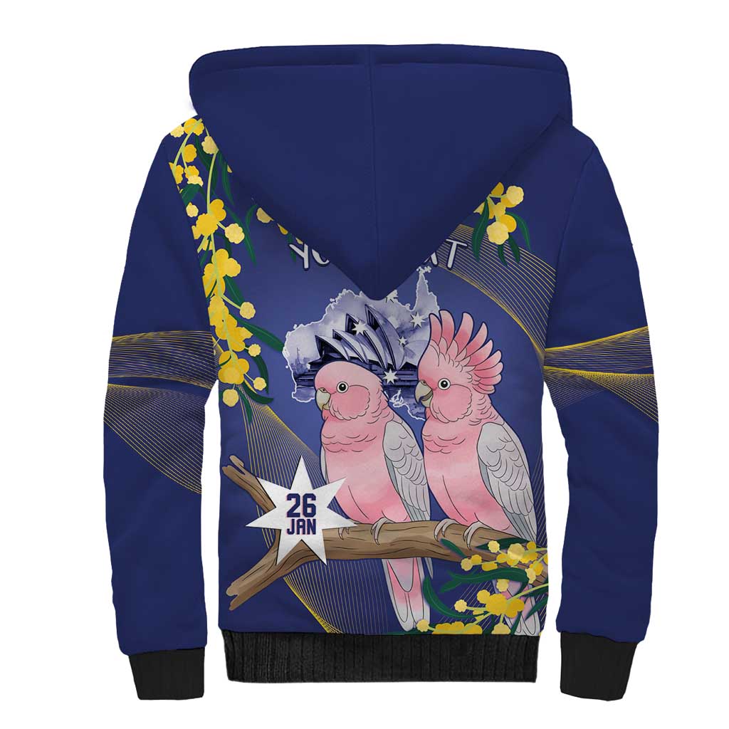 Personalised Pink Galah Australia Day Sherpa Hoodie 26th January Golden Wattle Flag Color - Aussie Hoodie