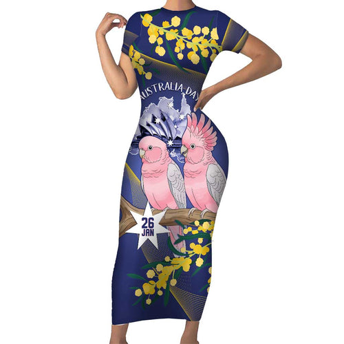 Personalised Pink Galah Australia Day Short Sleeve Bodycon Dress 26th January Golden Wattle Flag Color - Aussie Hoodie