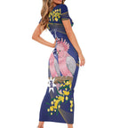 Personalised Pink Galah Australia Day Short Sleeve Bodycon Dress 26th January Golden Wattle Flag Color - Aussie Hoodie