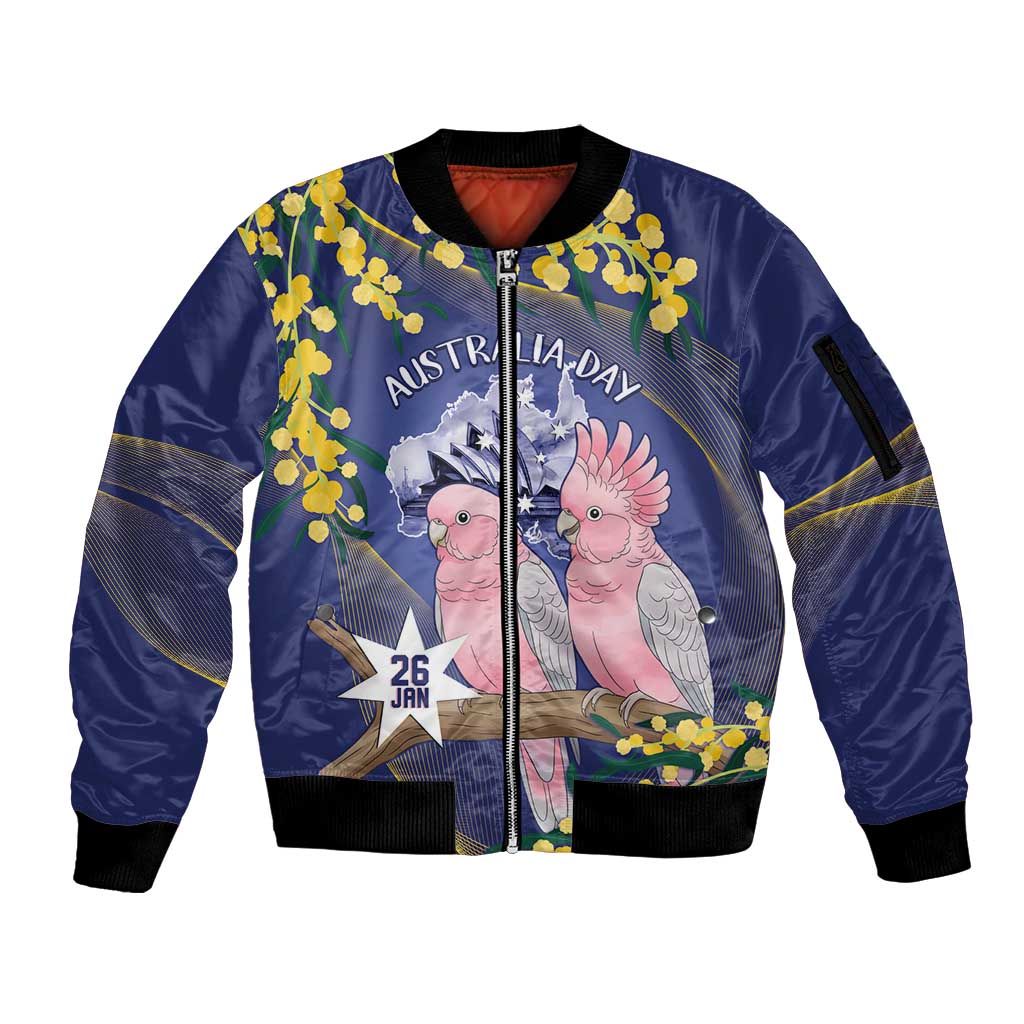 Personalised Pink Galah Australia Day Sleeve Zip Bomber Jacket 26th January Golden Wattle Flag Color - Aussie Hoodie