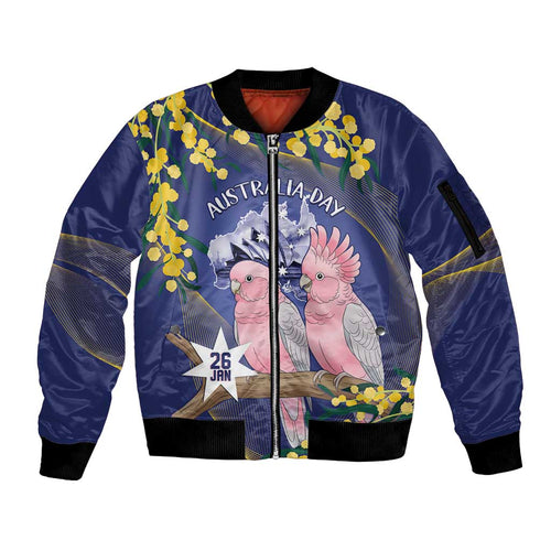 Personalised Pink Galah Australia Day Sleeve Zip Bomber Jacket 26th January Golden Wattle Flag Color - Aussie Hoodie