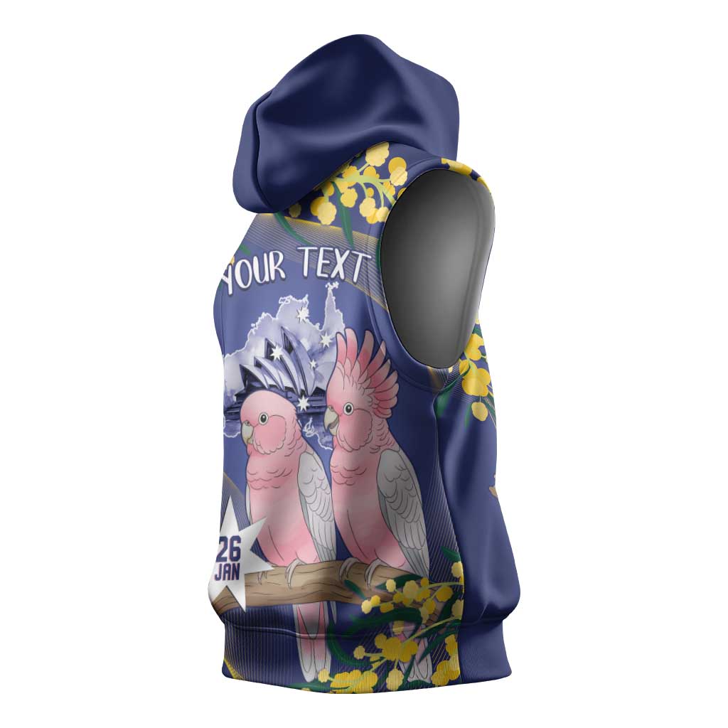 Personalised Pink Galah Australia Day Sleeveless Hoodie 26th January Golden Wattle Flag Color - Aussie Hoodie
