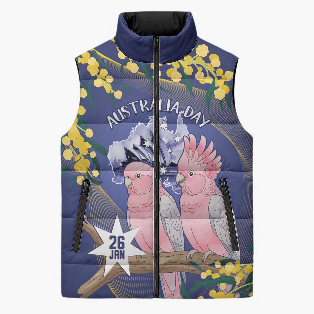 Personalised Pink Galah Australia Day Sleeveless Puffer Jacket 26th January Golden Wattle Flag Color - Aussie Hoodie