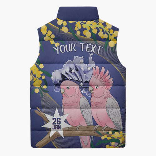 Personalised Pink Galah Australia Day Sleeveless Puffer Jacket 26th January Golden Wattle Flag Color - Aussie Hoodie