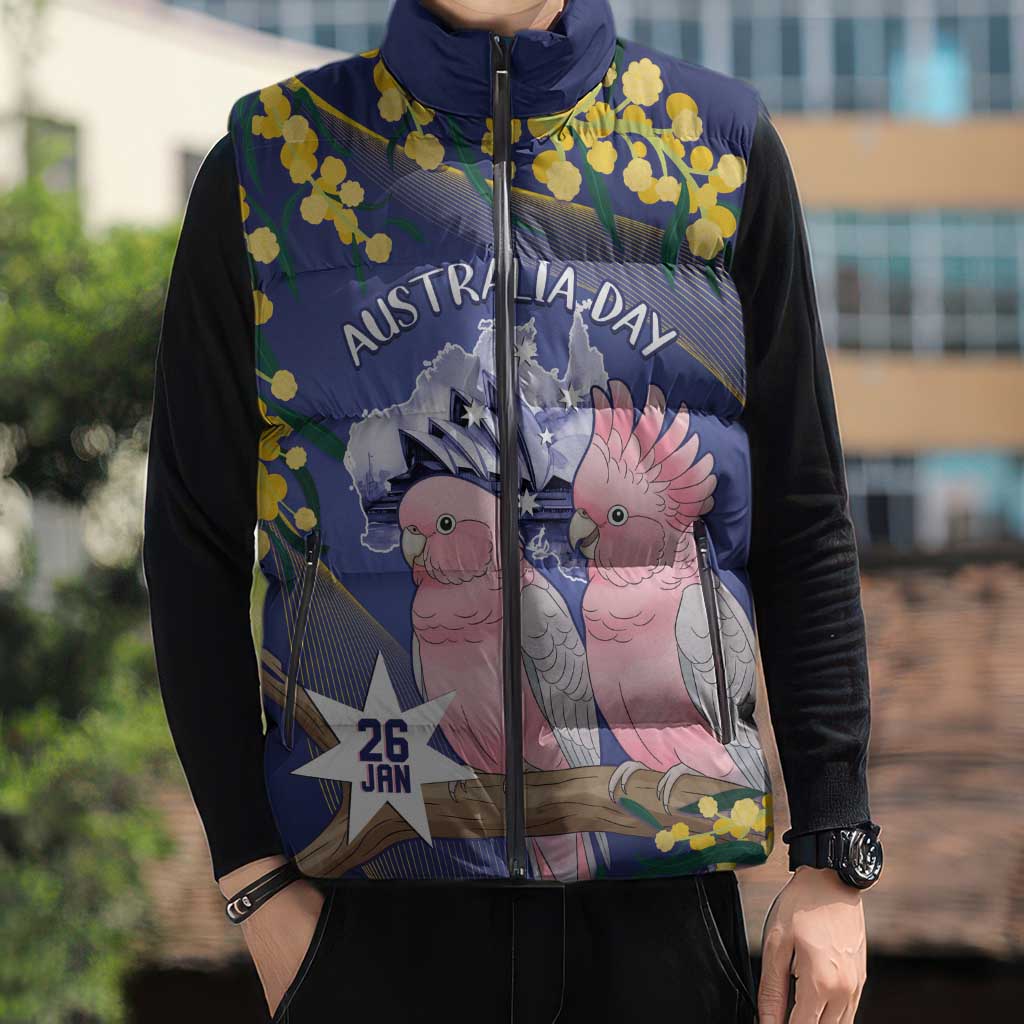 Personalised Pink Galah Australia Day Sleeveless Puffer Jacket 26th January Golden Wattle Flag Color - Aussie Hoodie