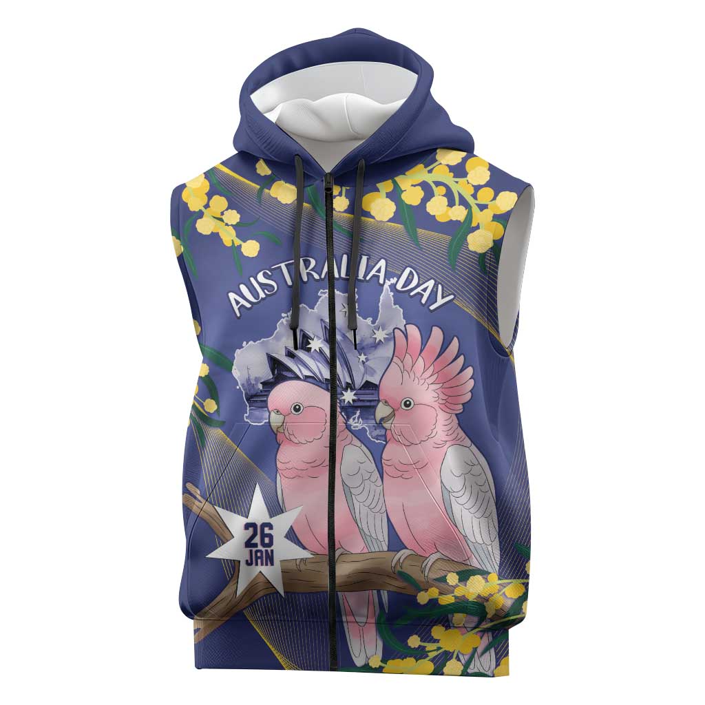 Personalised Pink Galah Australia Day Sleeveless Zip Hoodie 26th January Golden Wattle Flag Color LT14