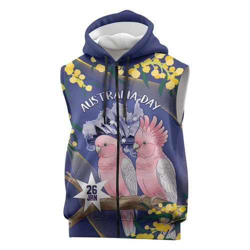 Personalised Pink Galah Australia Day Sleeveless Zip Hoodie 26th January Golden Wattle Flag Color LT14