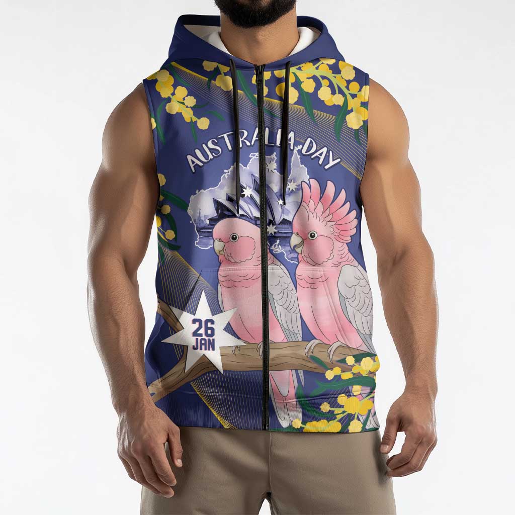 Personalised Pink Galah Australia Day Sleeveless Zip Hoodie 26th January Golden Wattle Flag Color LT14