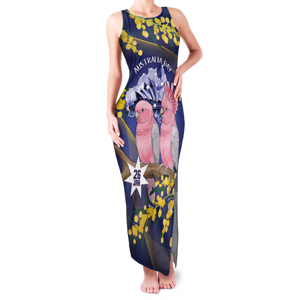 Personalised Pink Galah Australia Day Tank Maxi Dress 26th January Golden Wattle Flag Color - Aussie Hoodie