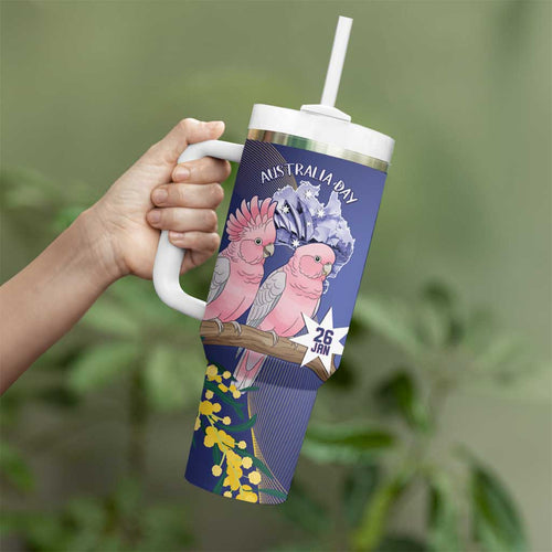 Personalised Pink Galah Australia Day Tumbler With Handle 26th January Golden Wattle Flag Color - Aussie Hoodie