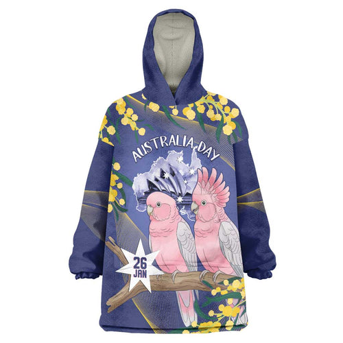 Personalised Pink Galah Australia Day Wearable Blanket Hoodie 26th January Golden Wattle Flag Color - Aussie Hoodie