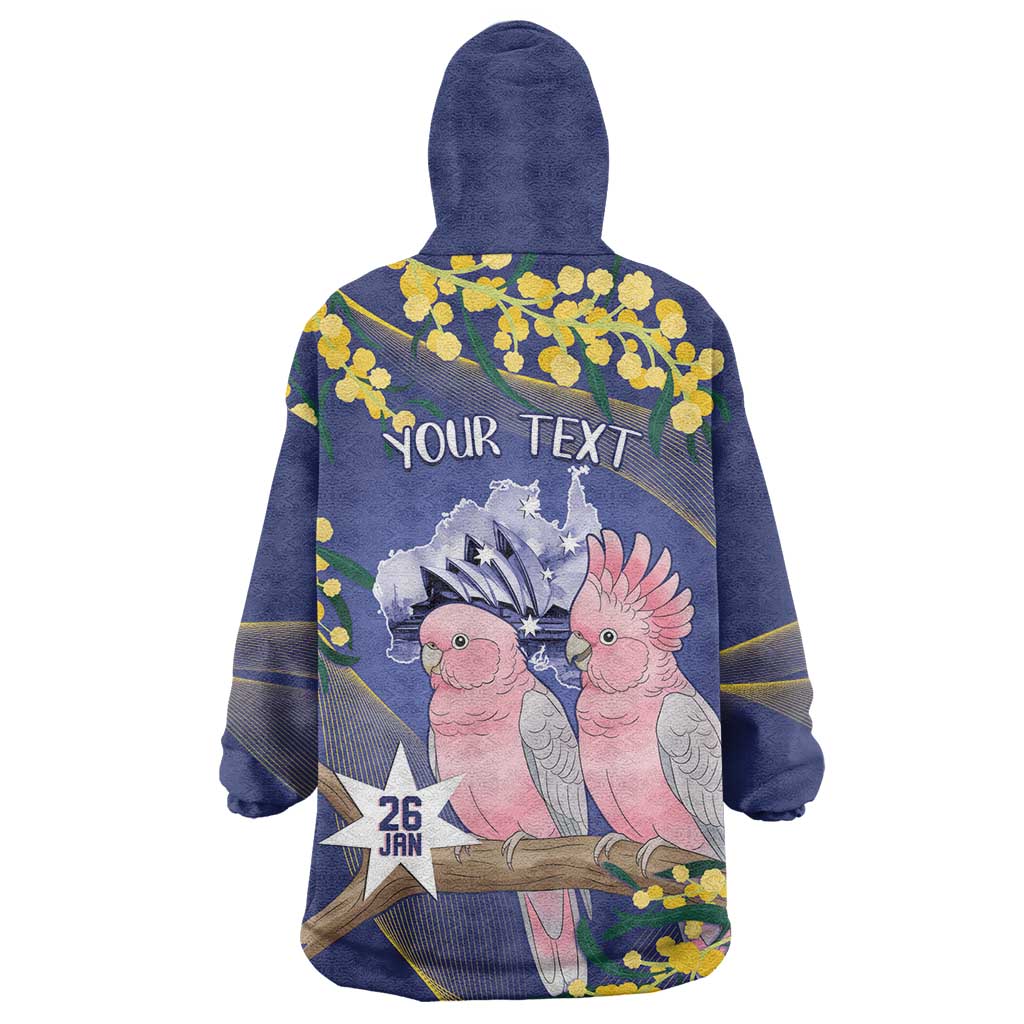 Personalised Pink Galah Australia Day Wearable Blanket Hoodie 26th January Golden Wattle Flag Color - Aussie Hoodie