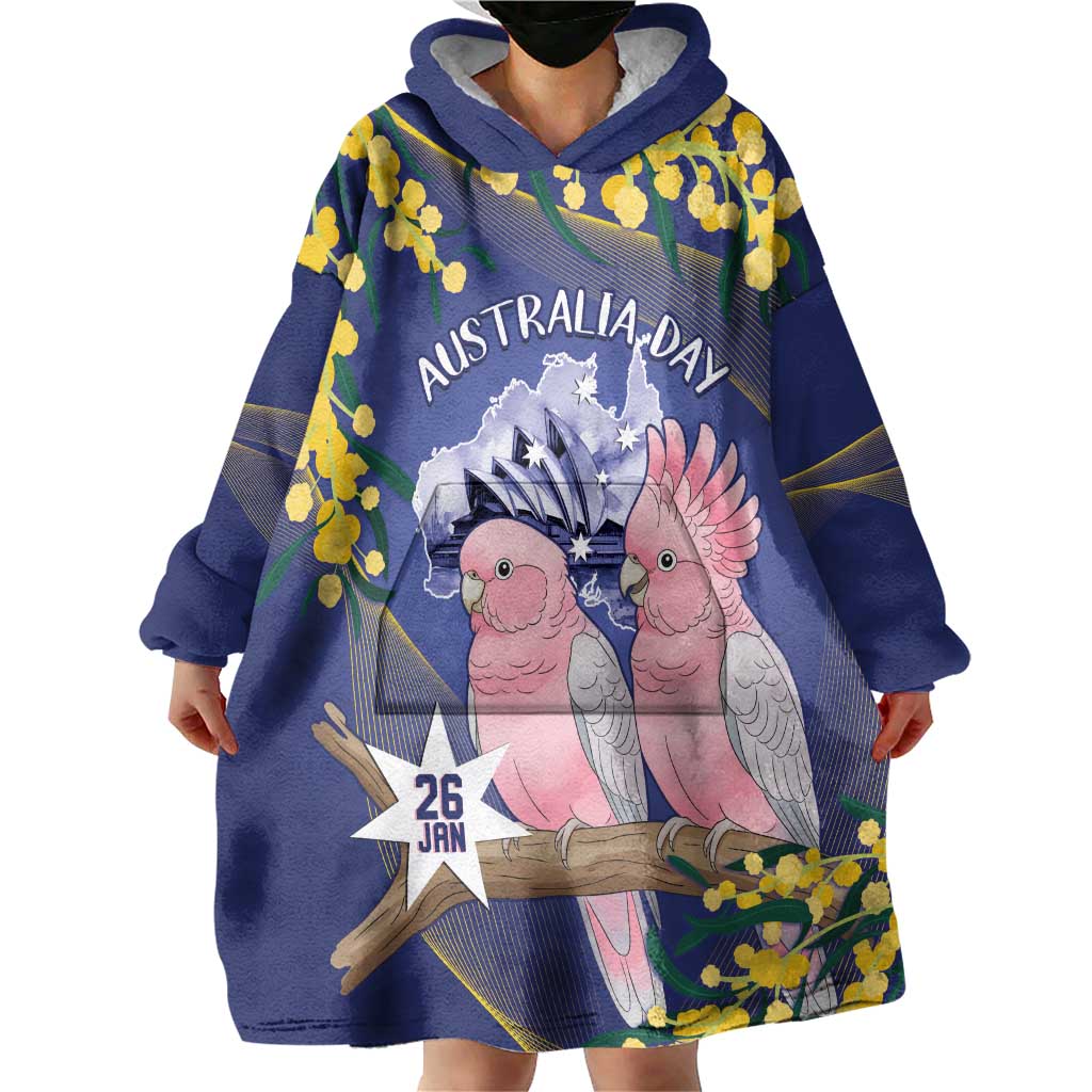 Personalised Pink Galah Australia Day Wearable Blanket Hoodie 26th January Golden Wattle Flag Color - Aussie Hoodie