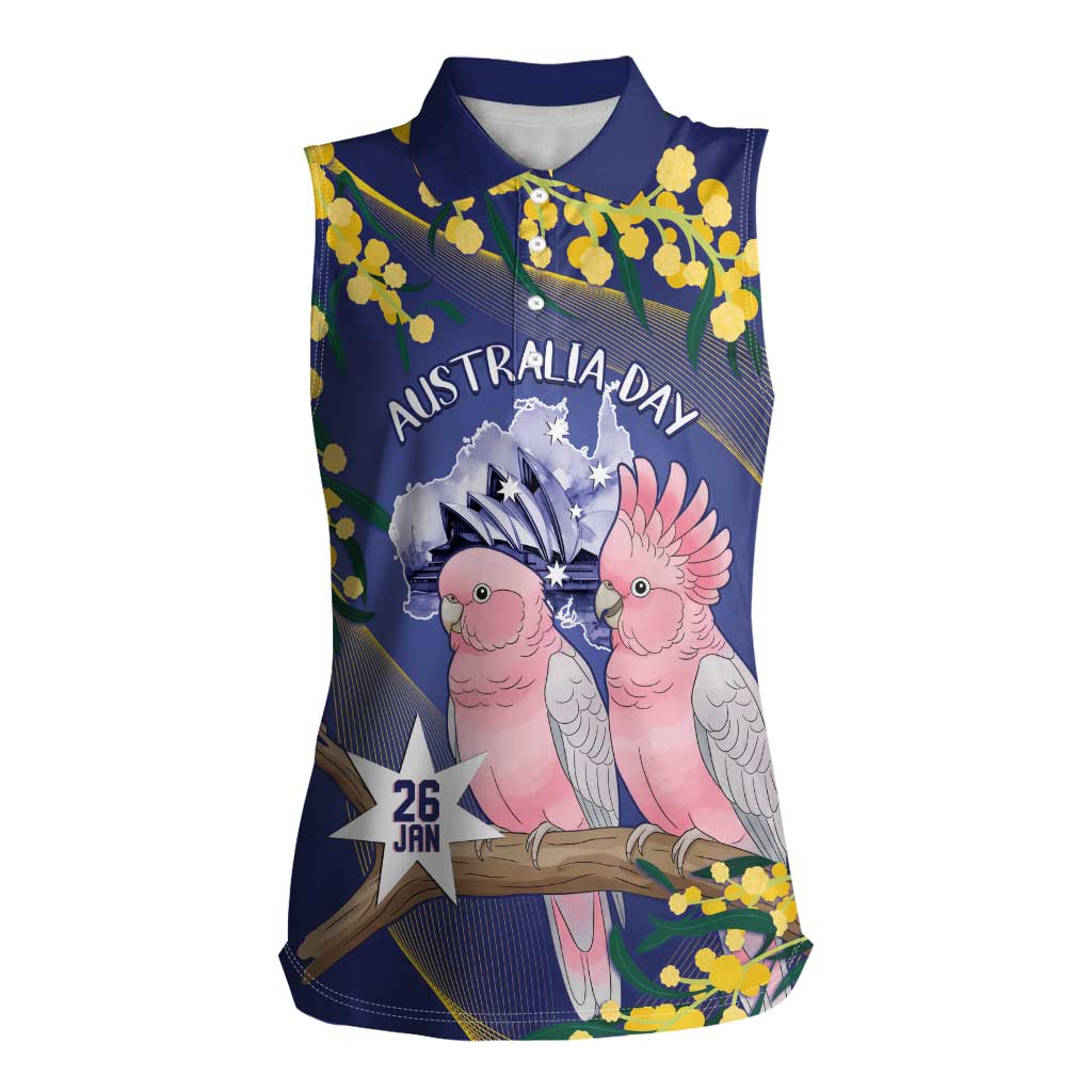 Personalised Pink Galah Australia Day Women Sleeveless Polo Shirt 26th January Golden Wattle Flag Color - Aussie Hoodie