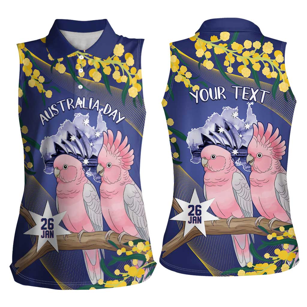 Personalised Pink Galah Australia Day Women Sleeveless Polo Shirt 26th January Golden Wattle Flag Color - Aussie Hoodie