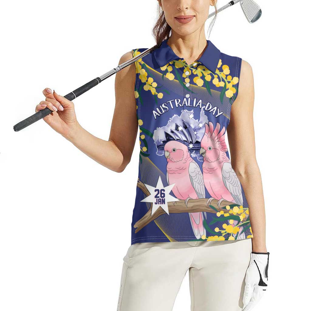 Personalised Pink Galah Australia Day Women Sleeveless Polo Shirt 26th January Golden Wattle Flag Color - Aussie Hoodie