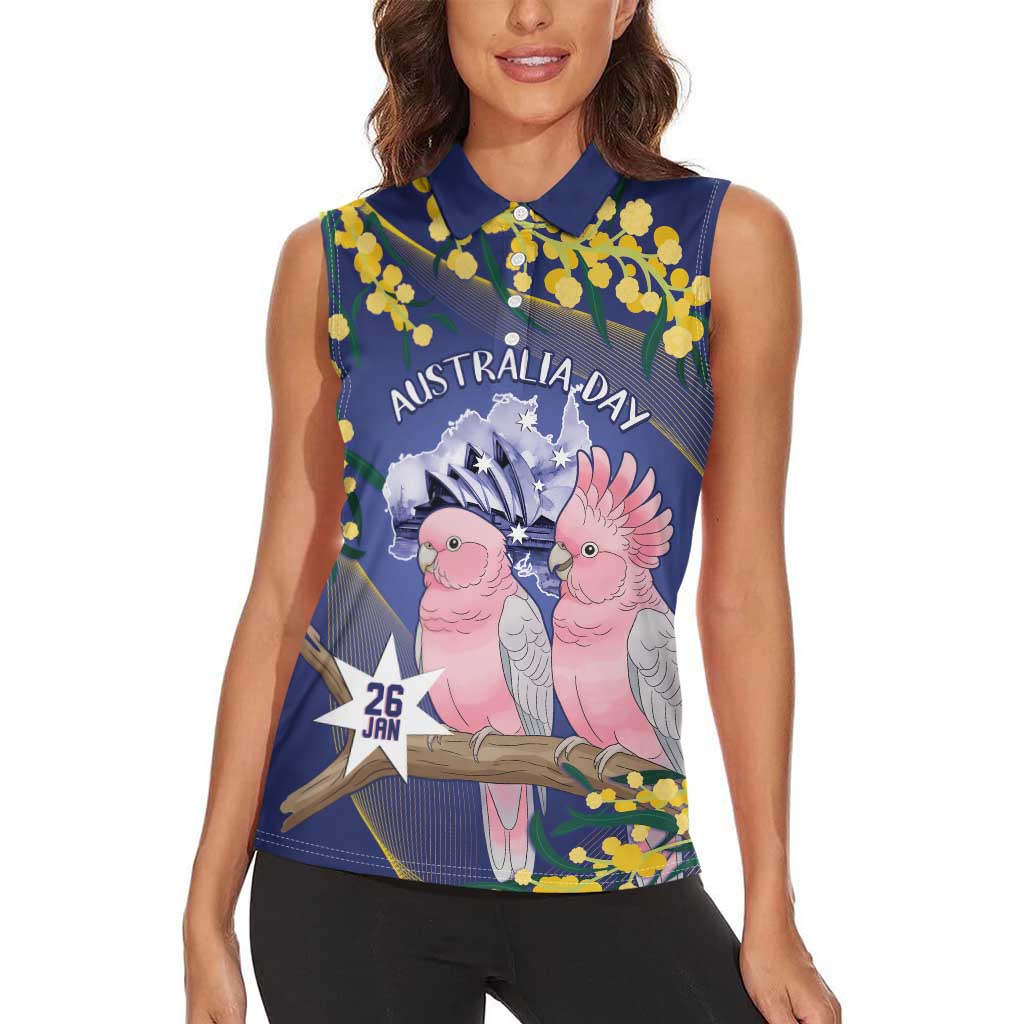 Personalised Pink Galah Australia Day Women Sleeveless Polo Shirt 26th January Golden Wattle Flag Color - Aussie Hoodie