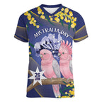 Personalised Pink Galah Australia Day Women V-Neck T-Shirt 26th January Golden Wattle Flag Color - Aussie Hoodie