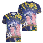 Personalised Pink Galah Australia Day Women V-Neck T-Shirt 26th January Golden Wattle Flag Color - Aussie Hoodie