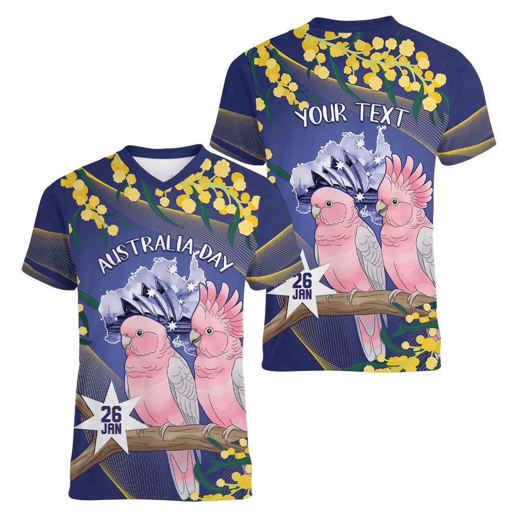Personalised Pink Galah Australia Day Women V-Neck T-Shirt 26th January Golden Wattle Flag Color - Aussie Hoodie