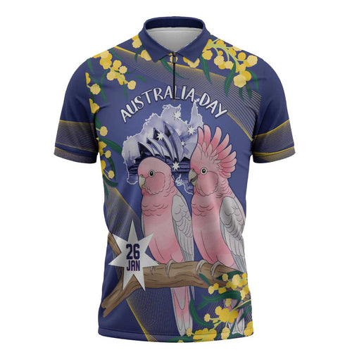 Personalised Pink Galah Australia Day Zipper Polo Shirt 26th January Golden Wattle Flag Color - Aussie Hoodie