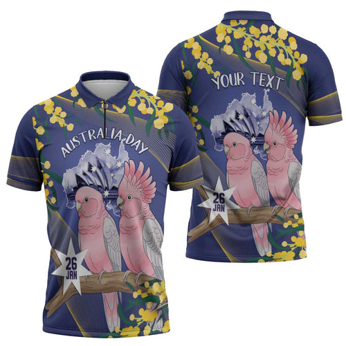 Personalised Pink Galah Australia Day Zipper Polo Shirt 26th January Golden Wattle Flag Color - Aussie Hoodie