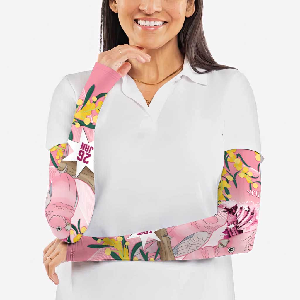 Personalised Galah Australia Day Arm Sleeves 26th January Golden Wattle Pink Color - Aussie Hoodie