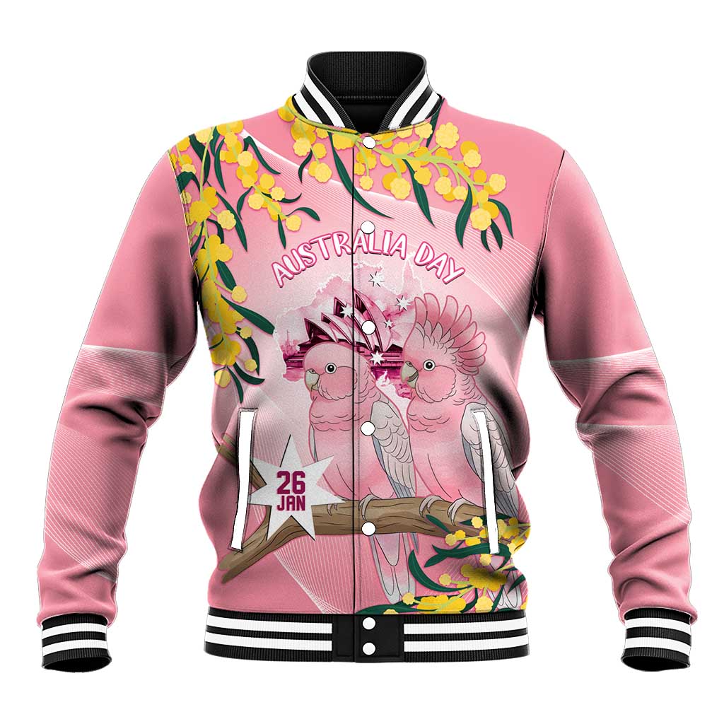 Personalised Galah Australia Day Baseball Jacket 26th January Golden Wattle Pink Color - Aussie Hoodie
