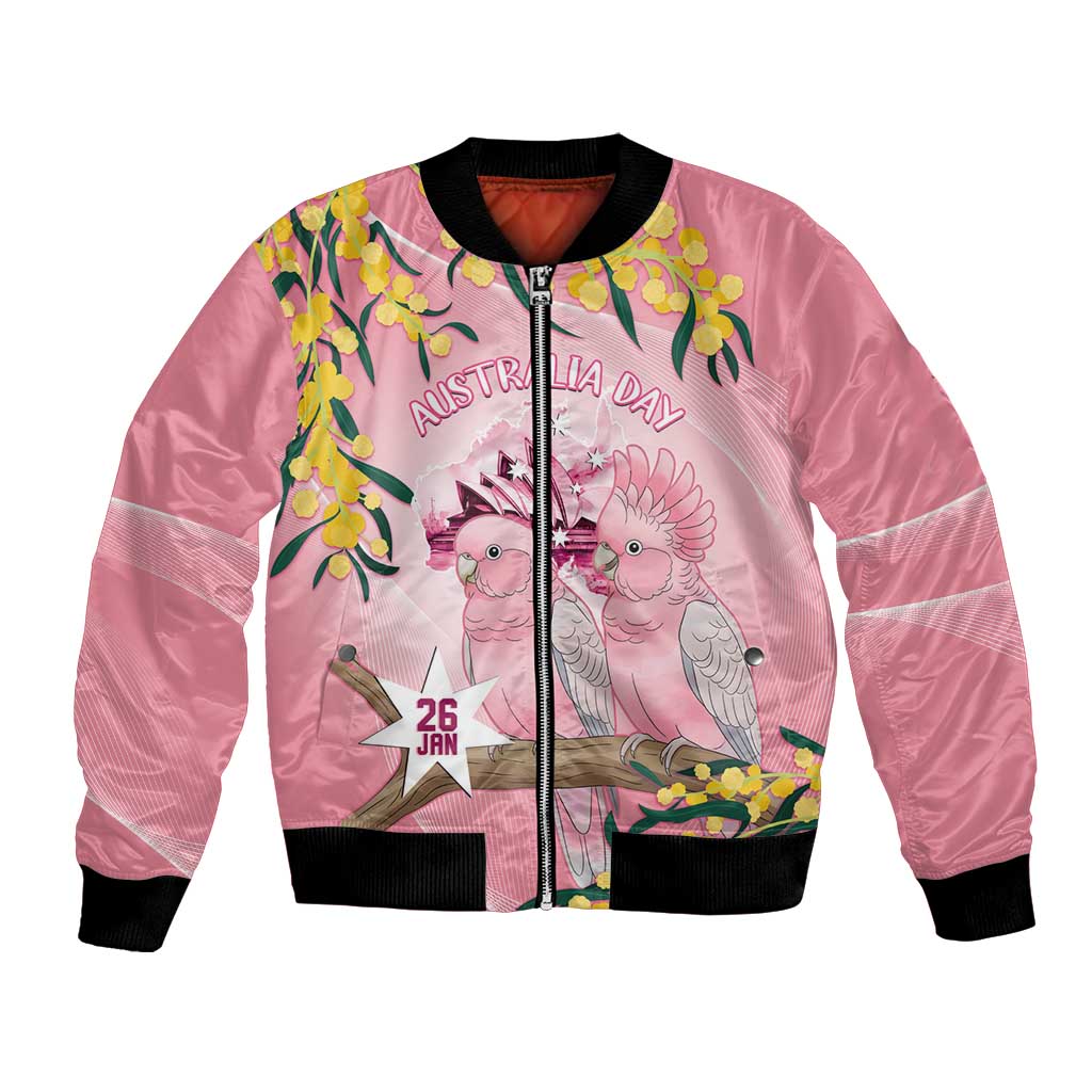 Personalised Galah Australia Day Bomber Jacket 26th January Golden Wattle Pink Color - Aussie Hoodie