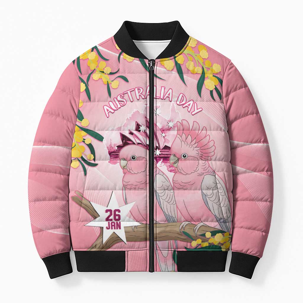 Personalised Galah Australia Day Bomber Puffer Jacket 26th January Golden Wattle Pink Color - Aussie Hoodie