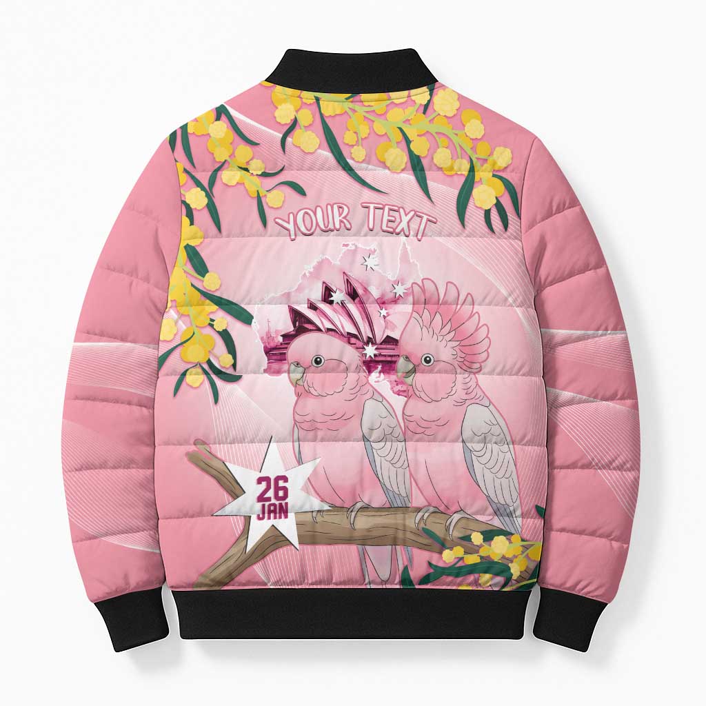 Personalised Galah Australia Day Bomber Puffer Jacket 26th January Golden Wattle Pink Color - Aussie Hoodie