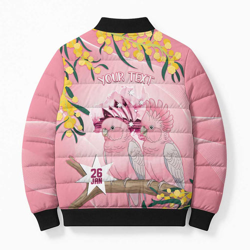 Personalised Galah Australia Day Bomber Puffer Jacket 26th January Golden Wattle Pink Color - Aussie Hoodie