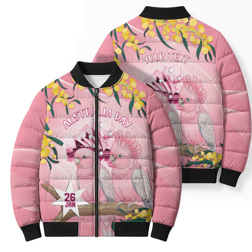 Personalised Galah Australia Day Bomber Puffer Jacket 26th January Golden Wattle Pink Color - Aussie Hoodie