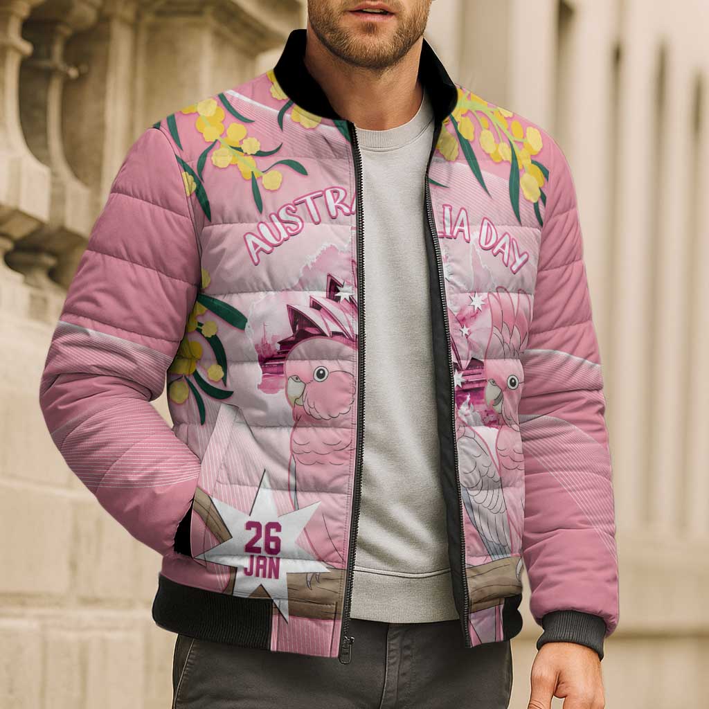 Personalised Galah Australia Day Bomber Puffer Jacket 26th January Golden Wattle Pink Color - Aussie Hoodie