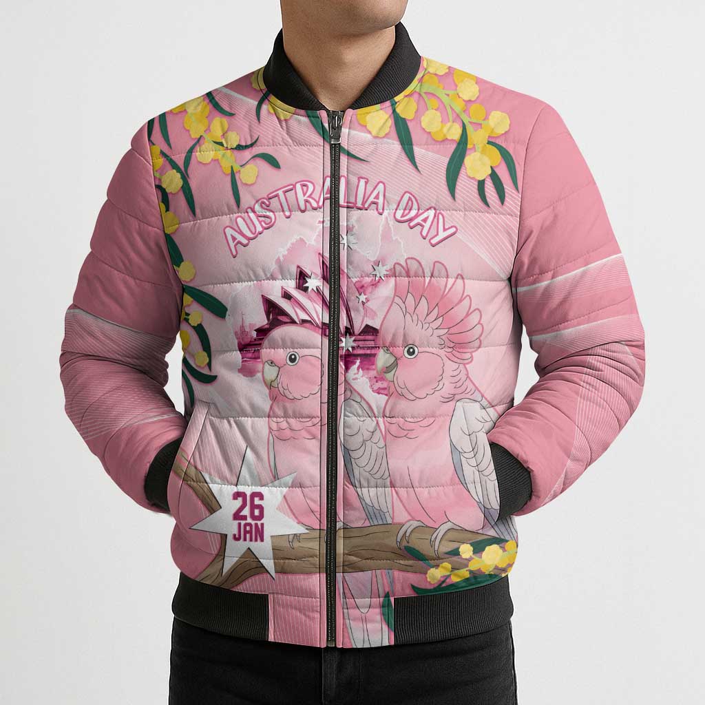 Personalised Galah Australia Day Bomber Puffer Jacket 26th January Golden Wattle Pink Color - Aussie Hoodie