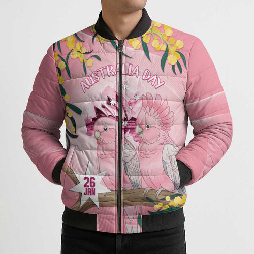 Personalised Galah Australia Day Bomber Puffer Jacket 26th January Golden Wattle Pink Color - Aussie Hoodie