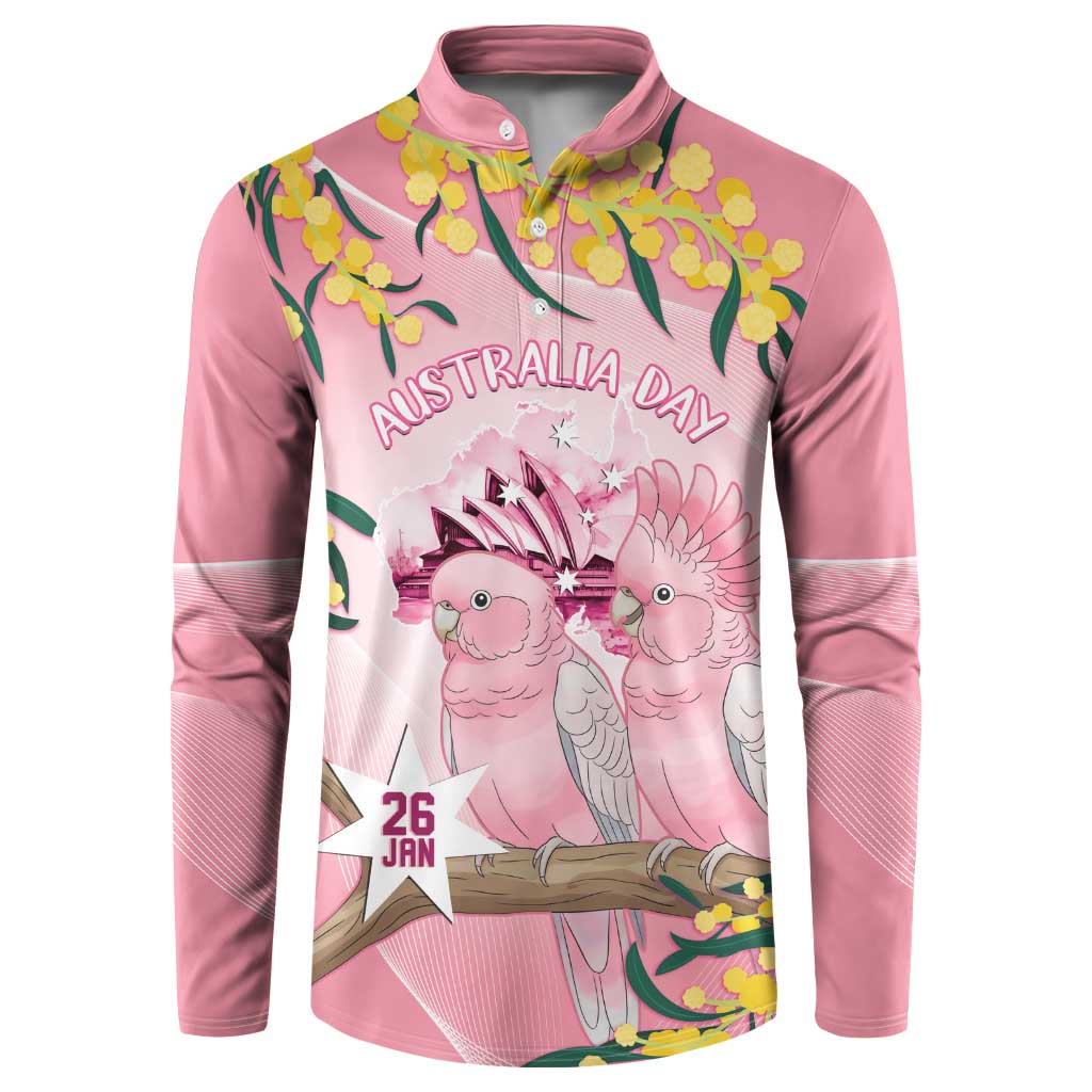 Personalised Galah Australia Day Button Sweatshirt 26th January Golden Wattle Pink Color - Aussie Hoodie