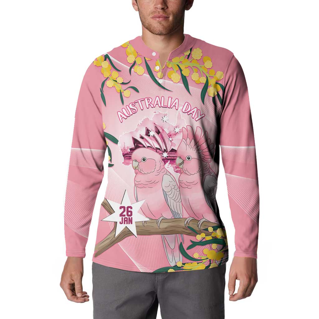 Personalised Galah Australia Day Button Sweatshirt 26th January Golden Wattle Pink Color - Aussie Hoodie