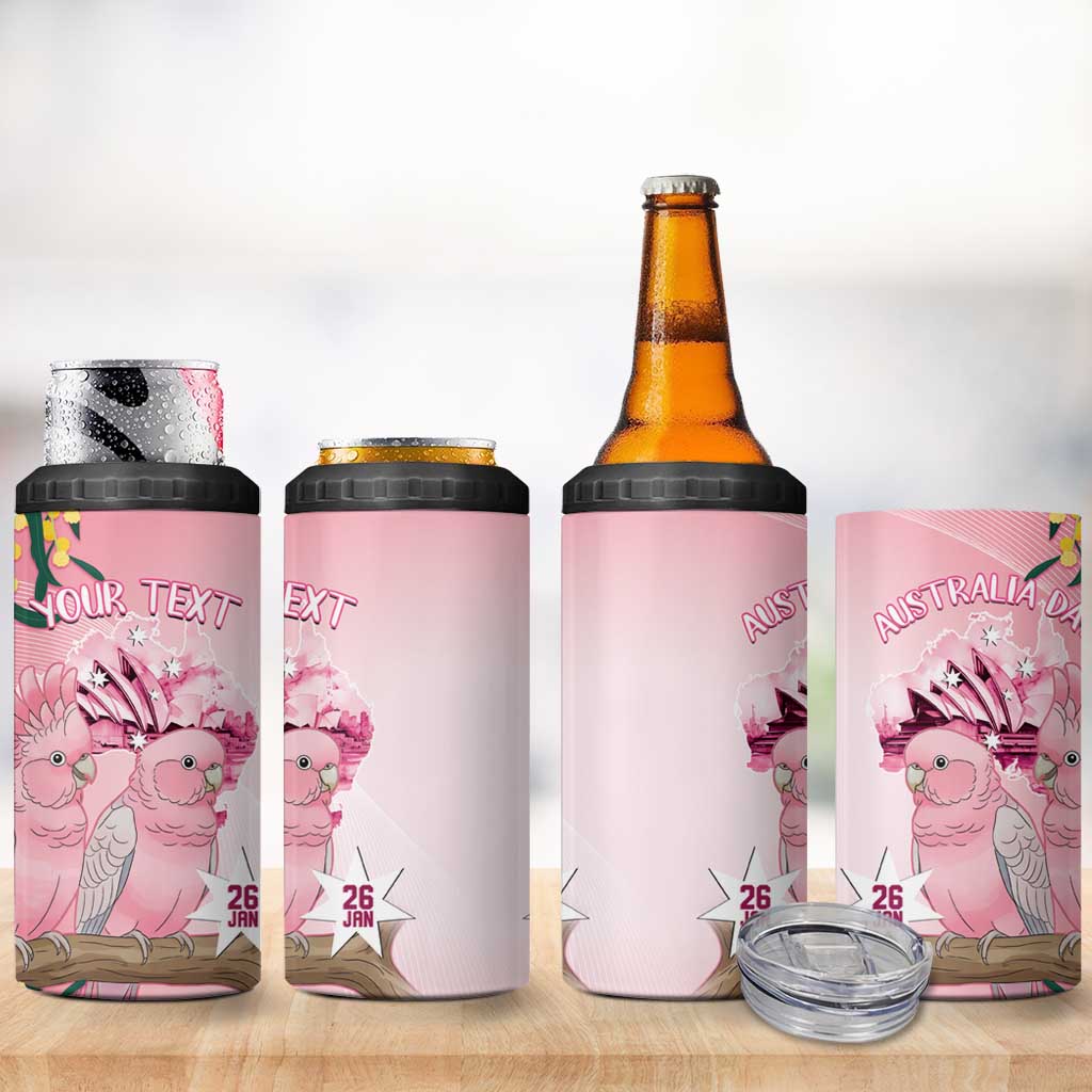 Personalised Galah Australia Day 4 in 1 Can Cooler Tumbler 26th January Golden Wattle Pink Color - Aussie Hoodie