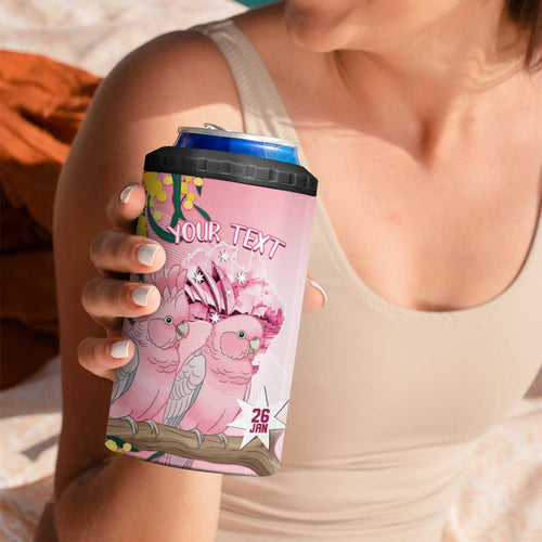 Personalised Galah Australia Day 4 in 1 Can Cooler Tumbler 26th January Golden Wattle Pink Color - Aussie Hoodie