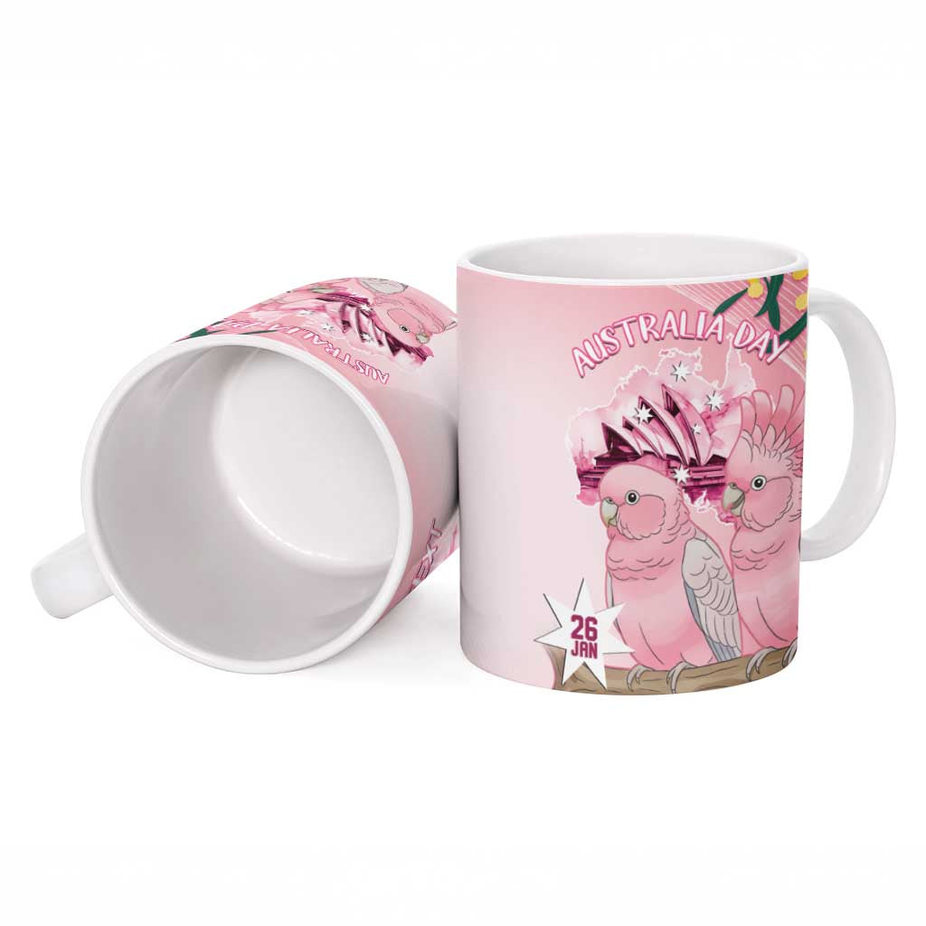 Personalised Galah Australia Day Ceramic Mug 26th January Golden Wattle Pink Color - Aussie Hoodie