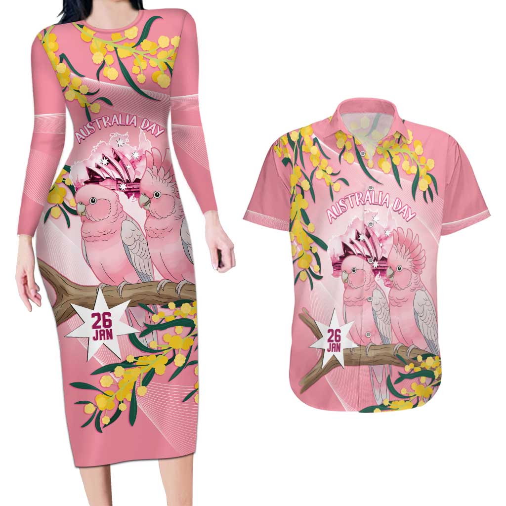 Personalised Galah Australia Day Couples Matching Long Sleeve Bodycon Dress and Hawaiian Shirt 26th January Golden Wattle Pink Color - Aussie Hoodie