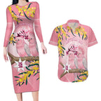 Personalised Galah Australia Day Couples Matching Long Sleeve Bodycon Dress and Hawaiian Shirt 26th January Golden Wattle Pink Color - Aussie Hoodie