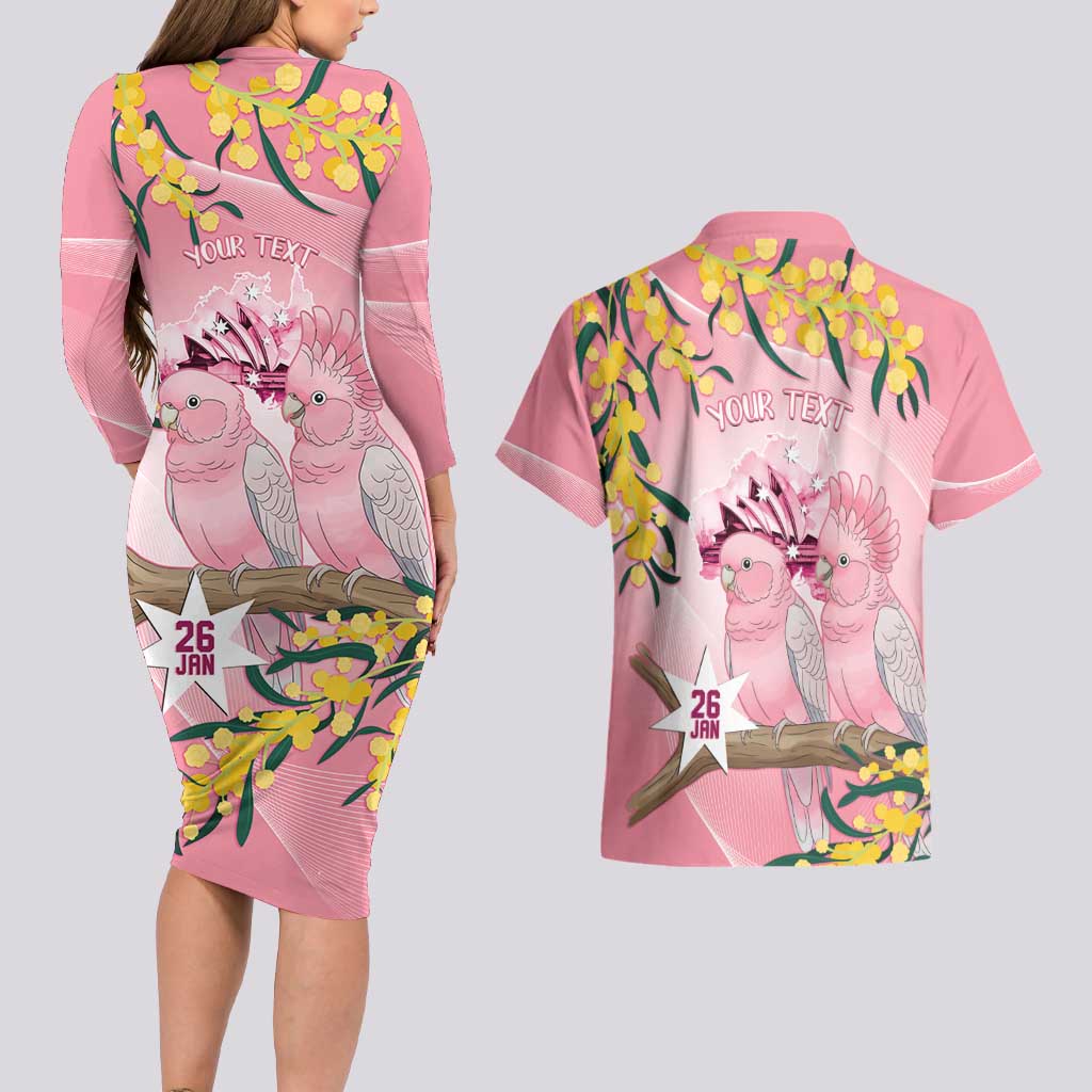 Personalised Galah Australia Day Couples Matching Long Sleeve Bodycon Dress and Hawaiian Shirt 26th January Golden Wattle Pink Color - Aussie Hoodie