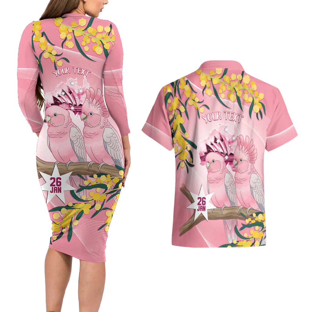 Personalised Galah Australia Day Couples Matching Long Sleeve Bodycon Dress and Hawaiian Shirt 26th January Golden Wattle Pink Color - Aussie Hoodie